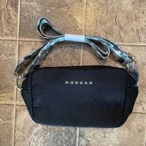 Morgan Small Black Crossbody with Patterned Blue-Teal Strap